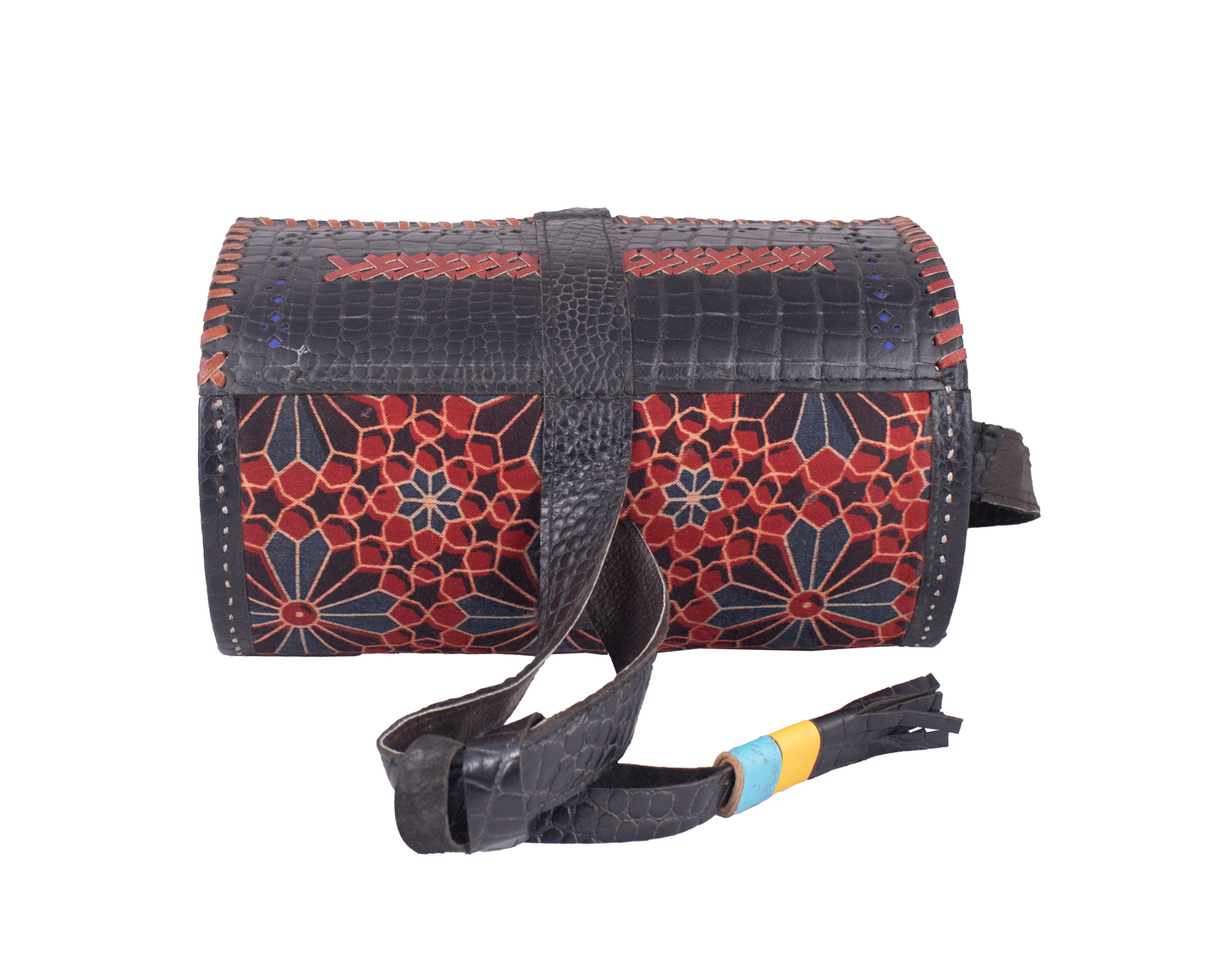 Leather Craft Punch Work Pure Leather Square - Leather Punch work with Handwork and Mashru Silk  Sling Bag    -  SKU: AB11803A