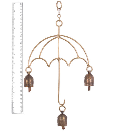 Hand Made Metal Bells Wrought Iron Copper-Zinc Coated Home Décor Chimes Cow Bell   - Umbrella - 3 Bells  -  SKU: 0044
