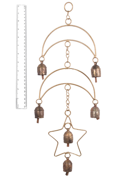 Hand Made Metal Bells Wrought Iron Copper-Zinc Coated Home Décor Chimes Cow Bell   - Moon and Star - 6 Bells  -  SKU: 0048