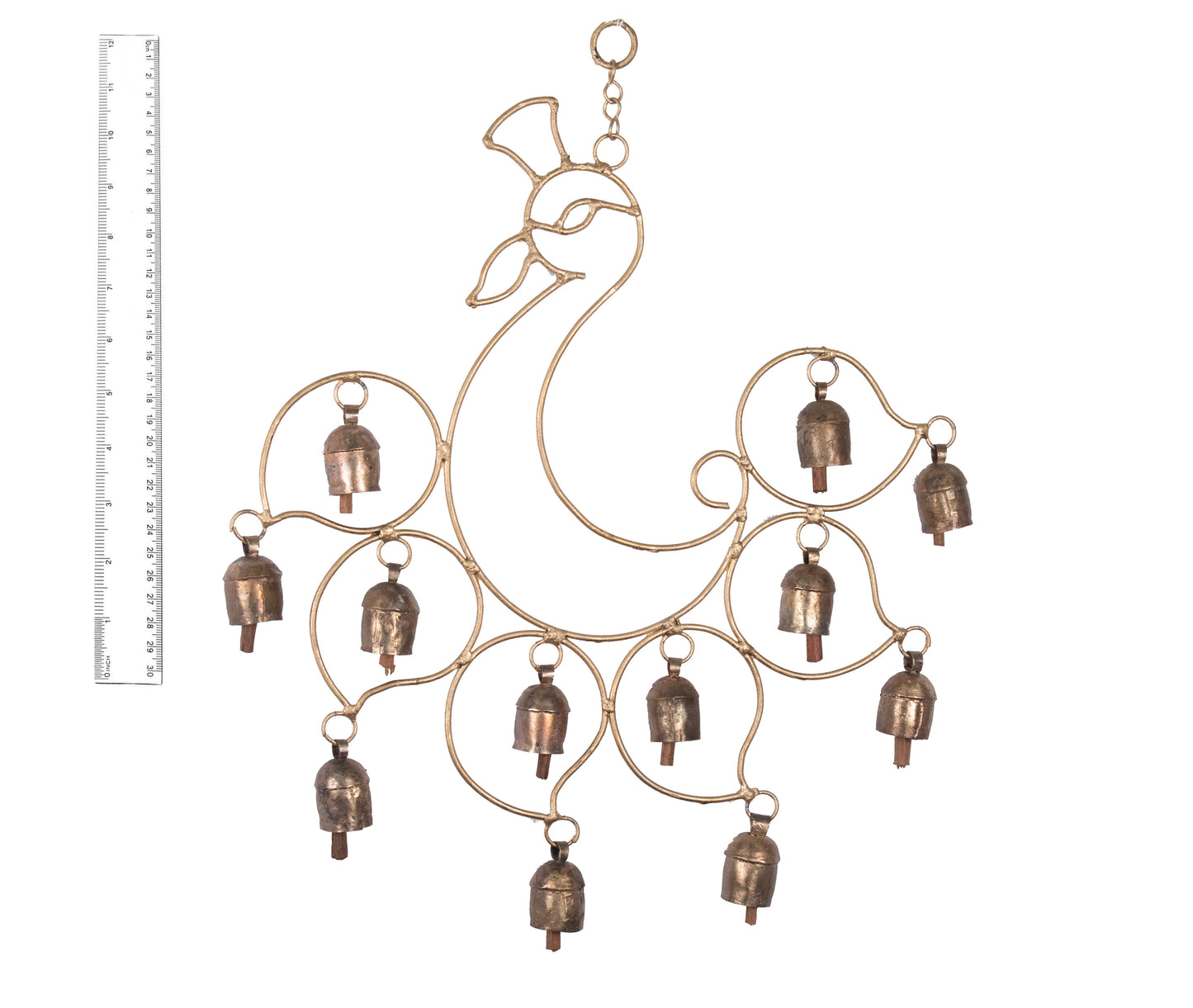 Hand Made Metal Bells Wrought Iron Copper-Zinc Coated Home Décor Chimes Cow Bell   - Peacock - 12 Bells  -  SKU: 0056