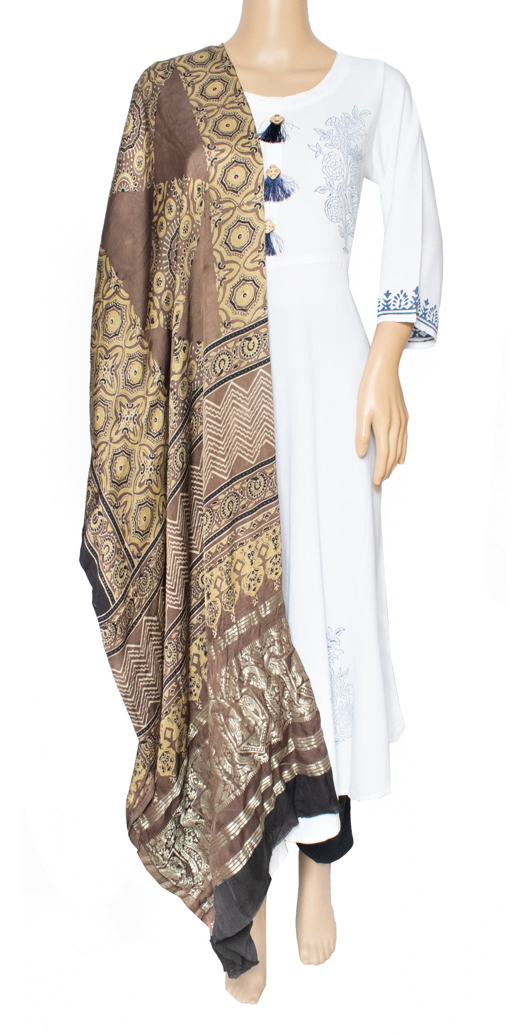 Ajrakh Modal Silk Natural Dye Hand Block Print Dupatta  With Nakshi Border  - 2.65 Mtr Length  -  SKU: ID09C02A