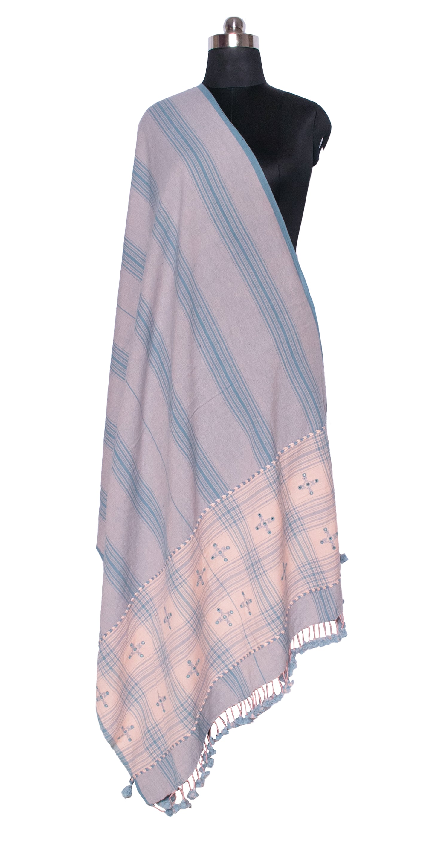 Hand Woven Kala Cotton Patterned Weaving Dupatta  With Tassels  - 2.2 Mtr Length  -  SKU: BM13606A