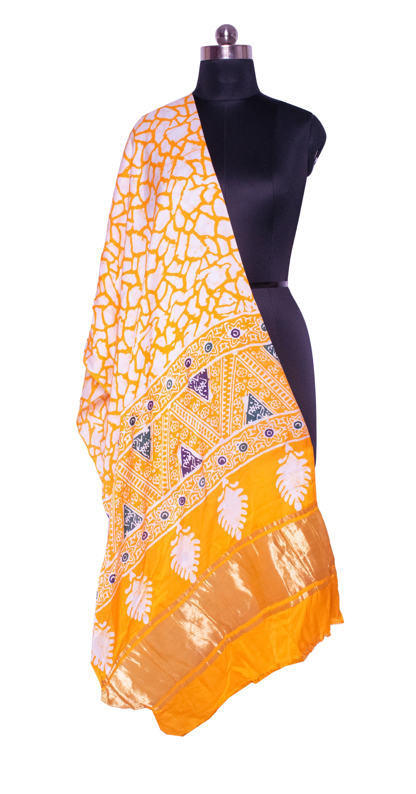 Wax Batik Modal Silk Hand Block Print Dupatta   With Golden Border  - 2.65 Mtr Length  -  SKU: HM23701A
