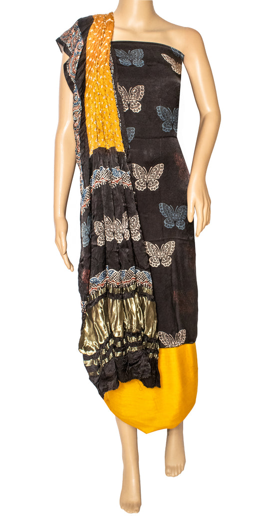 Ajrakh Modal Silk Semi Natural Dye Ajrakh - Fine Bandhej Dual Craft Dress Material  Golden Border Dupatta   -  SKU: KK22401D