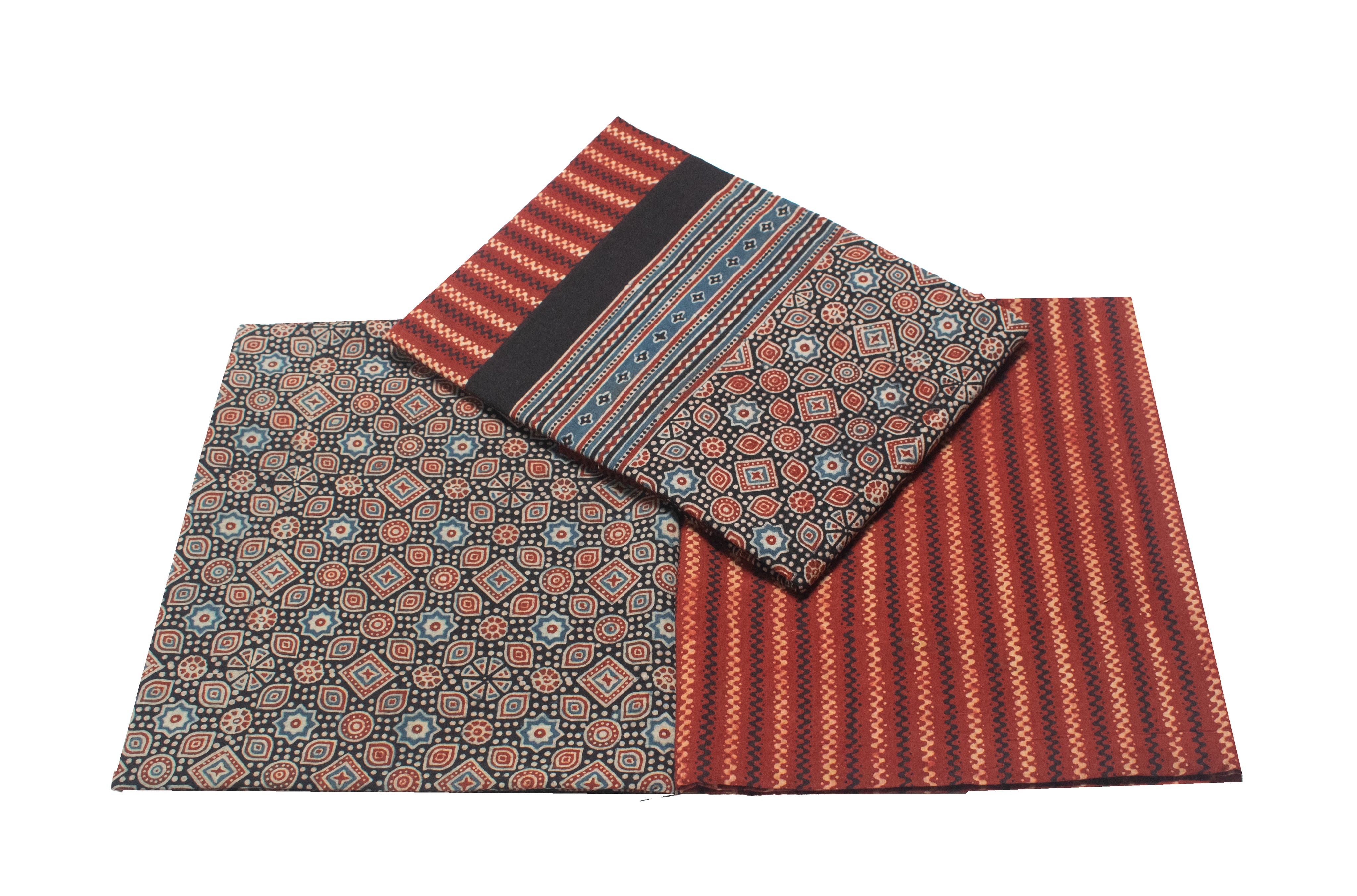 Modal silk dress material maroon and dark blue with allover ajrakh pri –  Maatshi