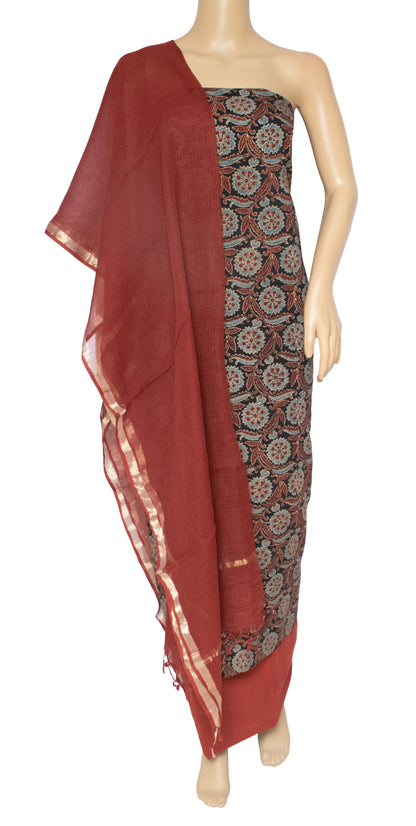 Ajrakh Cotton Natural Dye Hand Printed Dress Material  With Plain Bottom  - Kota Doria Dupatta  -  SKU: AK08401D