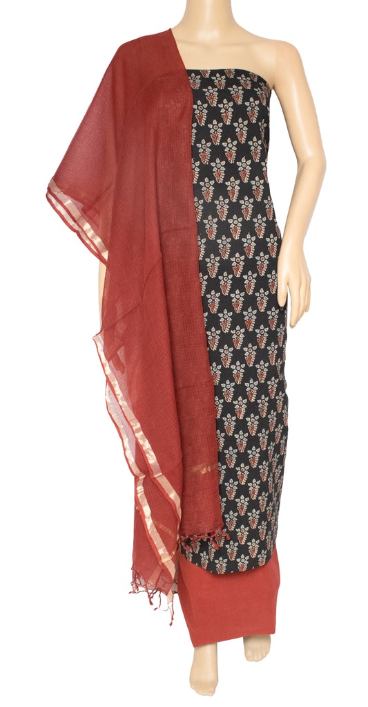 Ajrakh Cotton Natural Dye Hand Printed Dress Material  With Plain Bottom  - Kota Doria Dupatta  -  SKU: AK08401G
