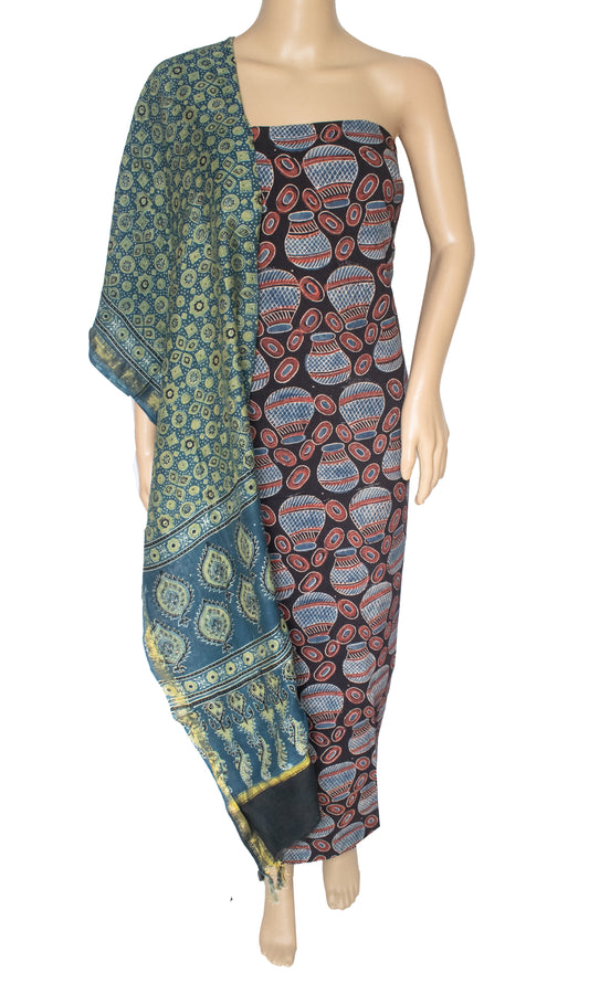 Ajrakh Hand Block Printed with Natural Dyes  Chanderi Silk Dupatta and Cotton Top Two Piece Suit
