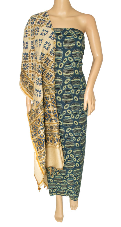 Ajrakh Hand Block Printed with Natural Dyes  Chanderi Silk Dupatta and Cotton Top Two Piece Suit