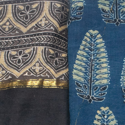Ajrakh Cotton Natural Dye Hand Block Print Kurta-Dupatta (Two Piece Set)  with 36 Inch Jari Border  Chanderi Silk Dupatta  - 2.5 Mtr Length  -  SKU: ID15702A