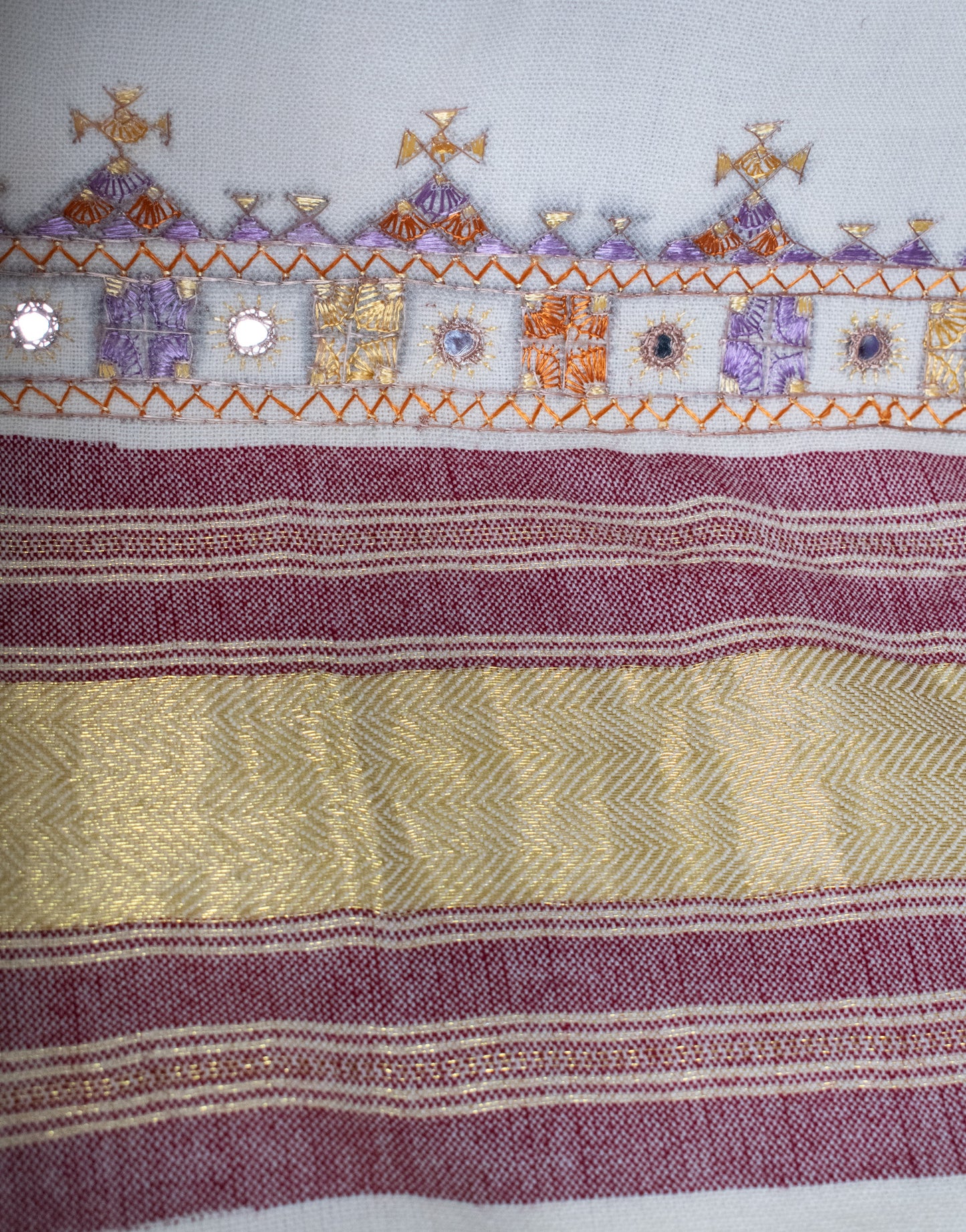 Neran Work Wool Fine Mirror and Threadwork Embroidery Shawl  With Golden Border   -  SKU: DB29C01A