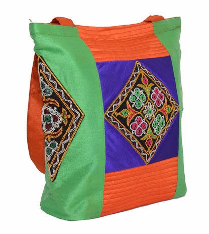 Ahir Work Embroidery Raw Silk Tote Bag