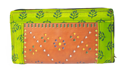 Leather Craft Punch Work Pure Leather Mashru Silk Punch Work  Lether Art Wallet - Ladies    -  SKU: AB30703A